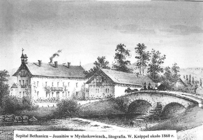 Szpital i prosektorium Bethanien Joanit&oacute;w. Obecnie OHP. Litografia autor: W. Kinippel. Około 1860 rok