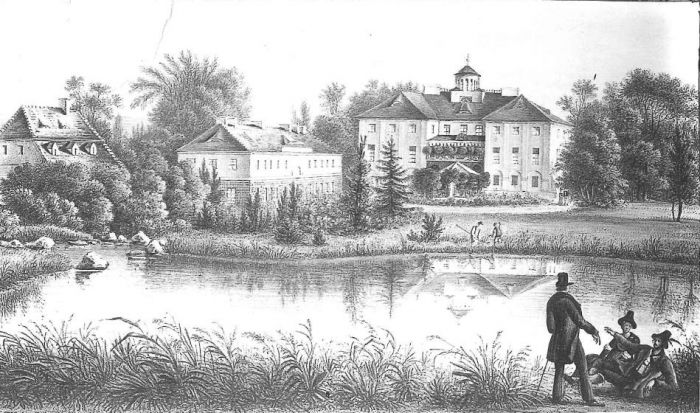 Pałac w Mysłakowicach przed przebudową. Litografia 1840 rok
