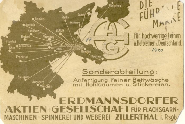 Ulotka reklamowa Zakład&oacute;w Lniarskich w Mysłakowicach 1920 r.