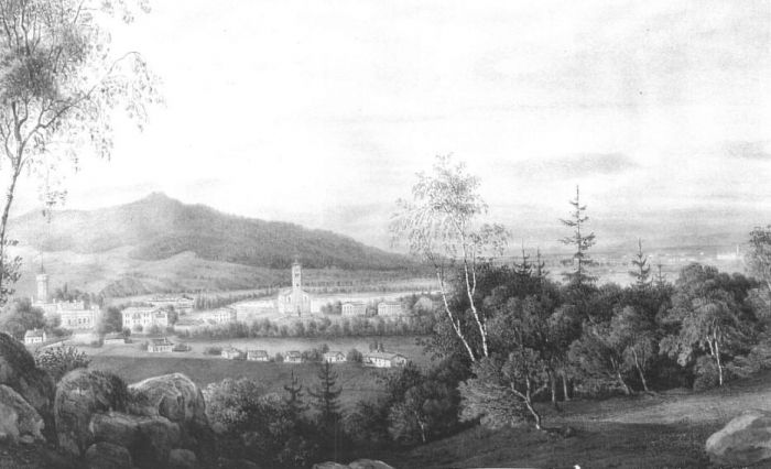 Mysłakowice widok na Kości&oacute;ł i Pałac 1844 r. Fotokopia akwareli autorstwa H. HIntze.