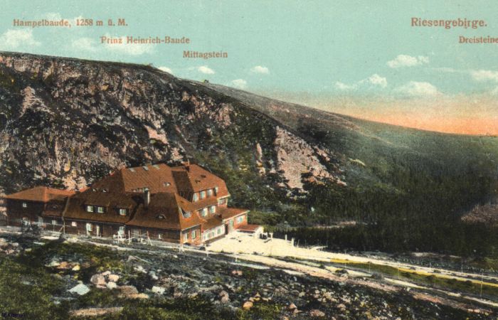 Schronisko g&oacute;rskie Strzecha Akademicka, Karpacz, Karkonosze. Stara poczt&oacute;wka ok 1920 r.