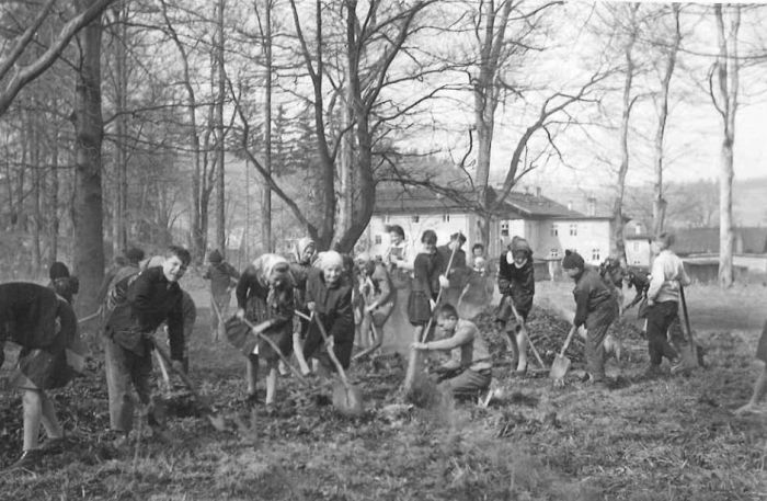 Mysłakowice. Uczniowie szkoły sprzątają park. ok 1960 r. 
