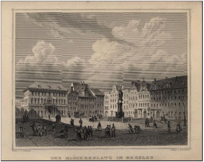 1840 r. Breslau/Wrocław, staloryt. Plac Solny/Bl&uuml;cherplatz. Lokalizacja oryginału: Biblioteka Śląska, Katowice, ŚIBZZ