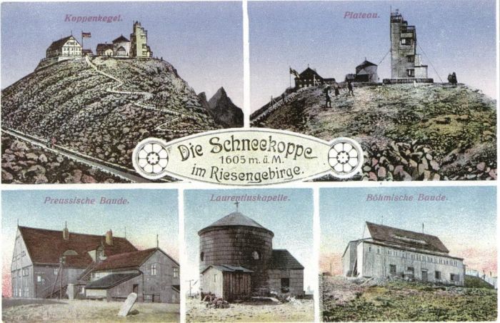 Poczt&oacute;wka 1915 r. Schneekoppe/ Śnieżka na poczt&oacute;wce 1605 m n.p.m. obecnie podaje się 1602 m n.p.m.