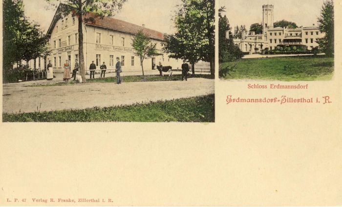 Gospoda Tyrolska( p&oacute;źniej restauracja "Pod Kasztanami") i Pałać Kr&oacute;lewski. 1930 r. Mysłakowice (niem. Zi