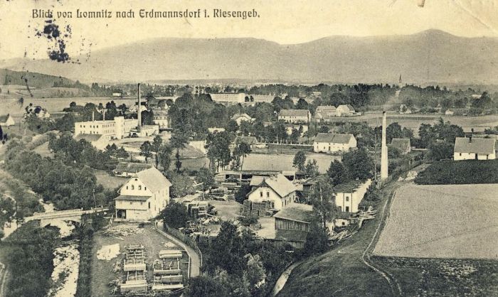 1912 r. Panorama na Erdmannsdorf (Mysłakowice), Lomnitz (Łomnica) zdjęcie zrobione z wierzy kościoła w Łomnicy