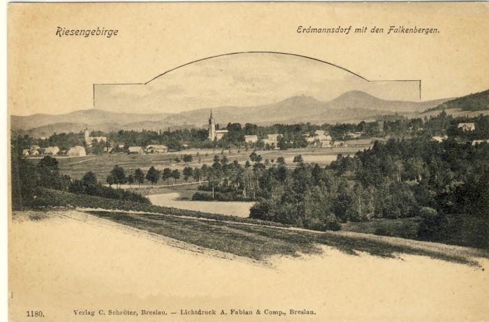 Erdmannsdorf (Mysłakowice) 1904 r. Poczt&oacute;wka, panorama wsi
