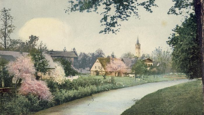 Poczt&oacute;wka 1907 r. Okolicę Kościoła Erdmannsdorf (Mysłakowice)