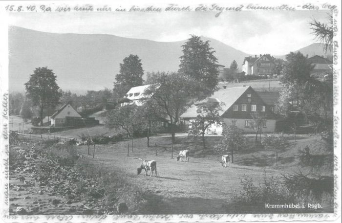 Karpacz (do 1945 r. niem. Krummh&uuml;bel). Poczt&oacute;wka z datą 1940 r. Obecnie Karpacz dolny. Okolice Fabryki Papieru.