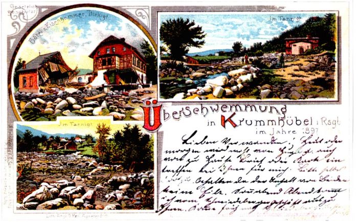 Poczt&oacute;wka z powodzi w Karpaczu (do 1945 r. niem. Krummh&uuml;bel) w 1897 roku