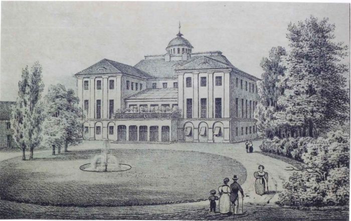 Pałac ( wtedy jeszcze nie Kr&oacute;lewski) w Mysłakowice (niem. Zillerthal-Erdmannsdorf, Erdmannsdorf). Pierwsza połowa XIX wie