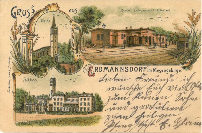 Mysłakowice (niem. Zillerthal-Erdmannsdorf, Erdmannsdorf) ok 1910 rok. Poczt&oacute;wka