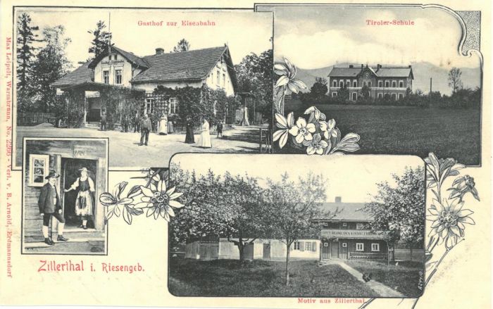 Mysłakowice (niem. Zillerthal-Erdmannsdorf, Erdmannsdorf). Poczt&oacute;wka składanka. Początek XX wieku