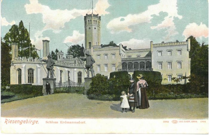 Jedna z najbardziej znanych poczt&oacute;wek z Mysłakowic. 1904 rok. Mysłakowice (niem. Zillerthal-Erdmannsdorf, Erdmannsdorf).
