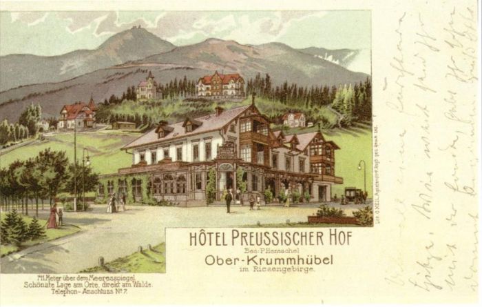 Krummh&uuml;bel (Karpacz) 1897 rok. DW "Chrobry". Litografia O. Keila z Jagniątkowa.