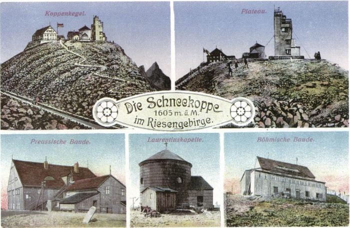 Stara poczt&oacute;wka Śnieżka i schroniska. 1915 rok