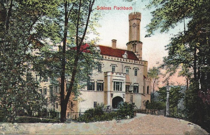 Poczt&oacute;wka ok 1910 rok. Pałac w Karpnikach, (niem. Fischbach)