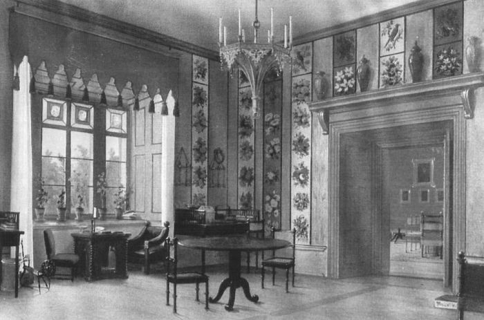 Wnętrze komnaty księżnej Marianny. Pałac Karpniki (niem. Fischbach). Fotokopia grafiki z 1850 roku. 
