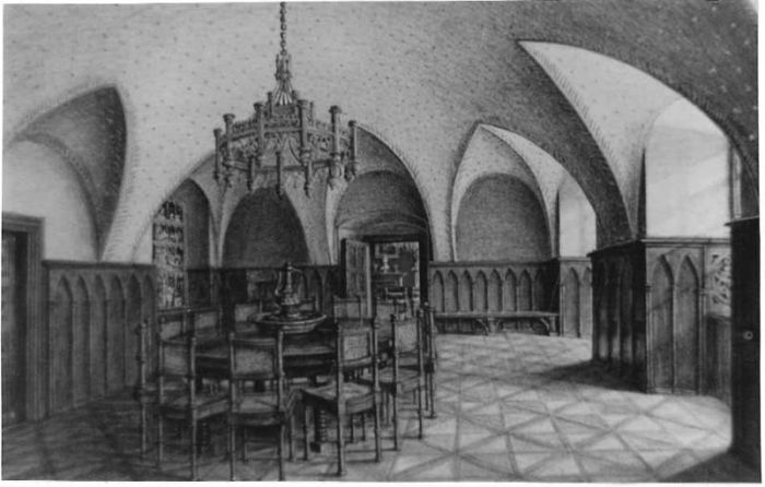 Karpniki zamek (niem. Fischbach). Jadalnia. Litografia W. Knippela. 1850 rok. Fotokopia 