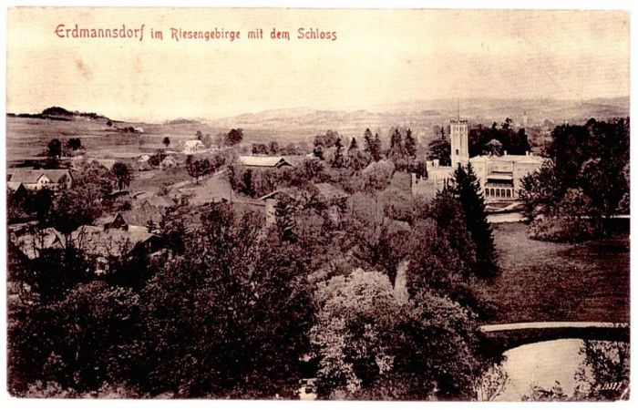 Poczt&oacute;wka, 1909 rok. Pałac i okolica. Mysłakowice (niem. Zillerthal-Erdmannsdorf, Erdmannsdorf).