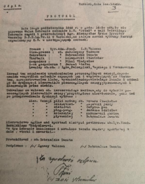 Turońsk (pierwsza polska nazwa wsi Mysłakowice). 1946 rok. Protok&oacute;ł powołania Klubu Sportowego "Orzeł".
