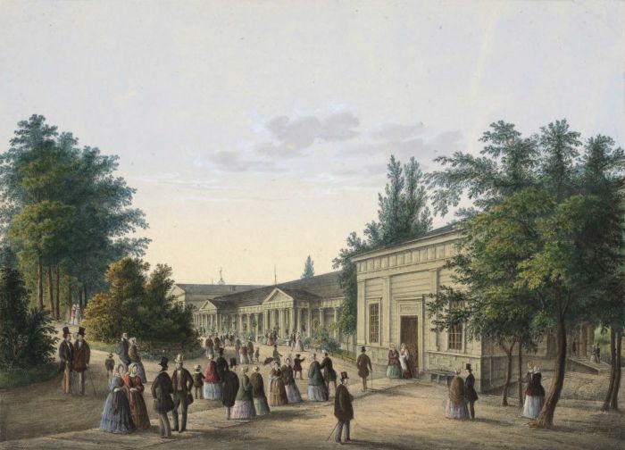 Der Brunnenplatz in Salzbrunn im 19. Jahrhundert. Szczawno-Zdr&oacute;j XIX wiek. Autor Ernst Wilhelm Knippel 
