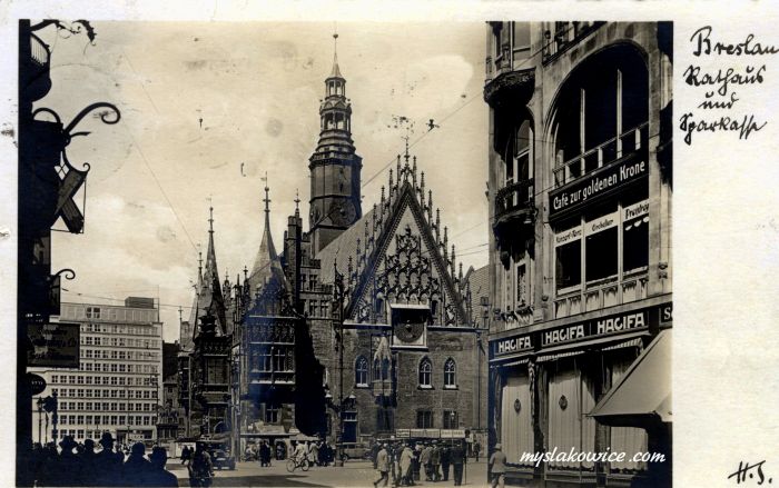 Breslau, Wrocław 1930 rok. Rynek &ndash; ratusz i budynek Miejskiej Kasy Oszczędności (St&auml;dtische Sparkasse)