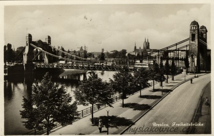 Breslau, Wrocław. Freiheitsbr&uuml;cke /in. Kaiserbr&uuml;cke (ob. Most Grunwaldzki). ok 1930 rok.