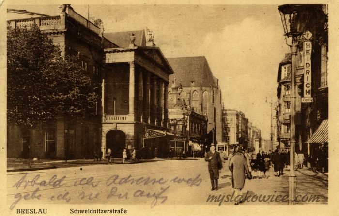 Breslau. Wrocław, Schweidnitzerstrasse (ul. Świdnicka) z widokiem na Teatr Miejski (Stadttheater). ok 1930 rok.