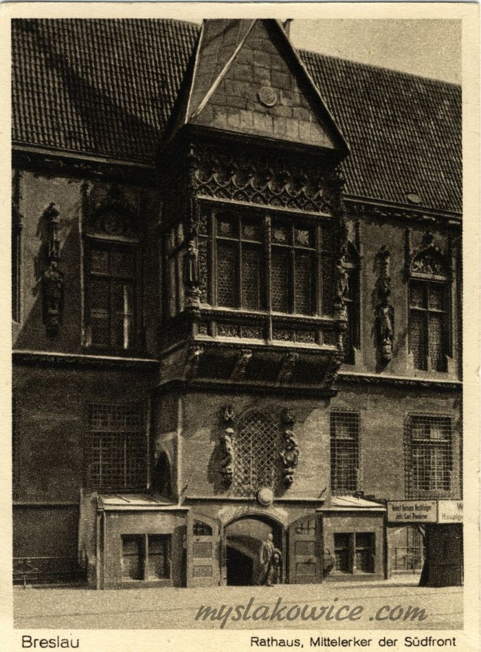 Breslau. Wrocław, Rynek &ndash; fragment ratusza od strony południowej (wykusz środkowy) ok 1930 rok.