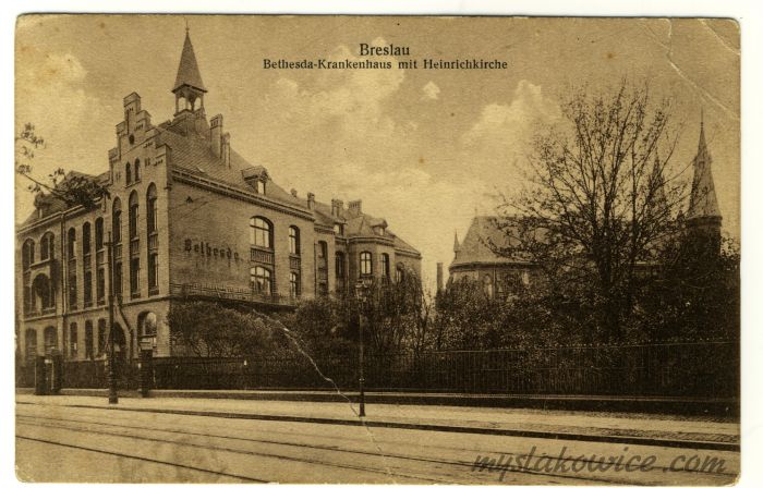 Breslau. Wrocław, Szpital Bethesda (Bethesda-Krankenhaus), Kości&oacute;ł św. Henryka ok 1920 rok.