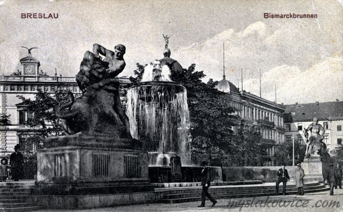 Breslau. Wrocław, K&ouml;nigsplatz (Plac 1-go Maja/Plac Jana Pawła II) - Bismarckbrunnen (Fontanna Bismarcka) 1908 rok.
