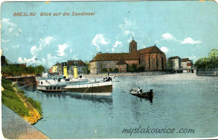 Breslau, Wroclaw. 1910 rok. Wyspa Piaskowa (Sandinsel) - widok od strony Odry