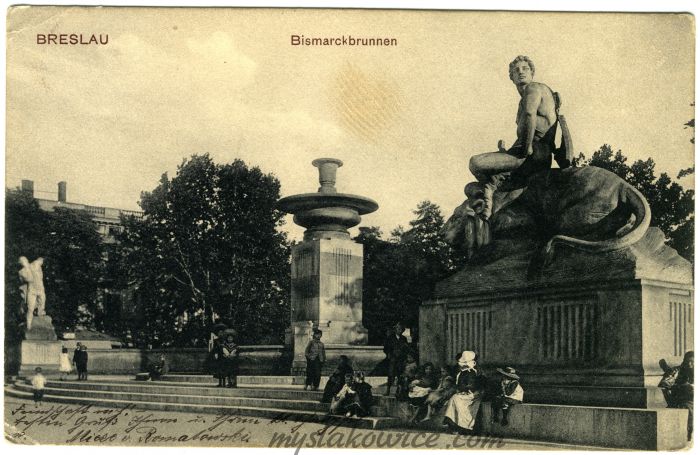 Breslau. Wrocław, K&ouml;nigsplatz (Plac 1-go Maja/Plac Jana Pawła II) - Bismarckbrunnen (Fontanna Bismarcka) 1905 rok.