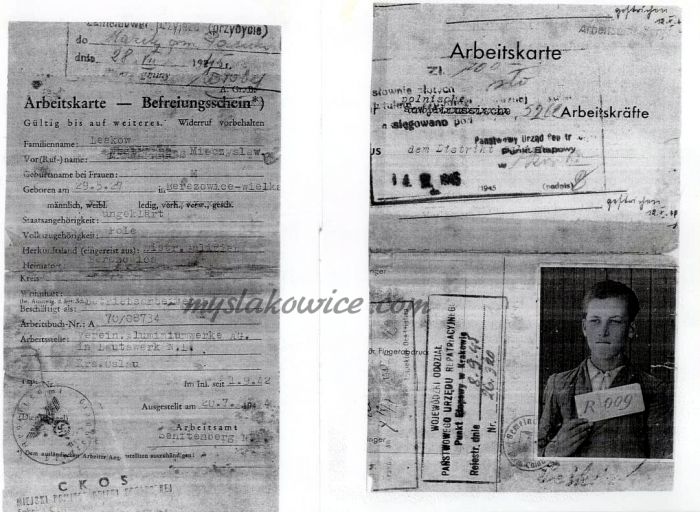 Dokument świadczący, że mieszkaniec Mysłakowic przymusowo pracował w Niemczech jako 16 letni chłopiec. 