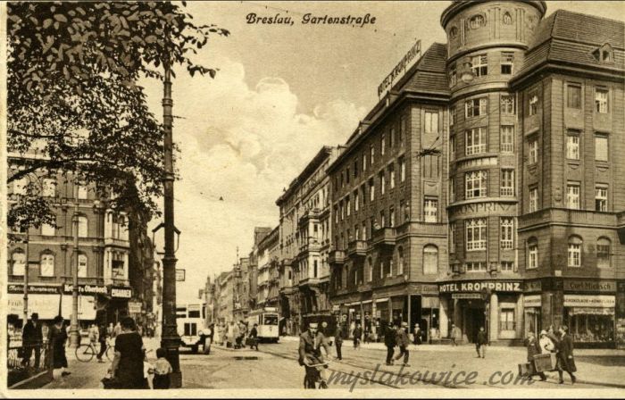 Breslau (Wrocław), Gartenstrasse (ul. Piłsudskiego) - okolice Dworca Gł&oacute;wnego, Hotel Kronprinz. 1930 rok