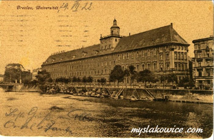 Uniwersytet Wrocławski (Breslau) - widok zewnętrzny gmachu od strony Odry. 1922 rok