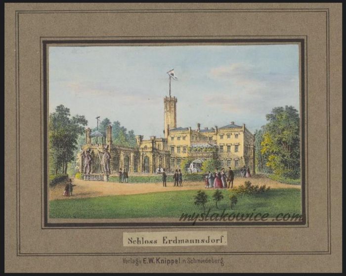 Mysłakowice (Erdmannsdorf und Zillerthal). Pałac. Autor E.W. Knippel. XiX wiek.