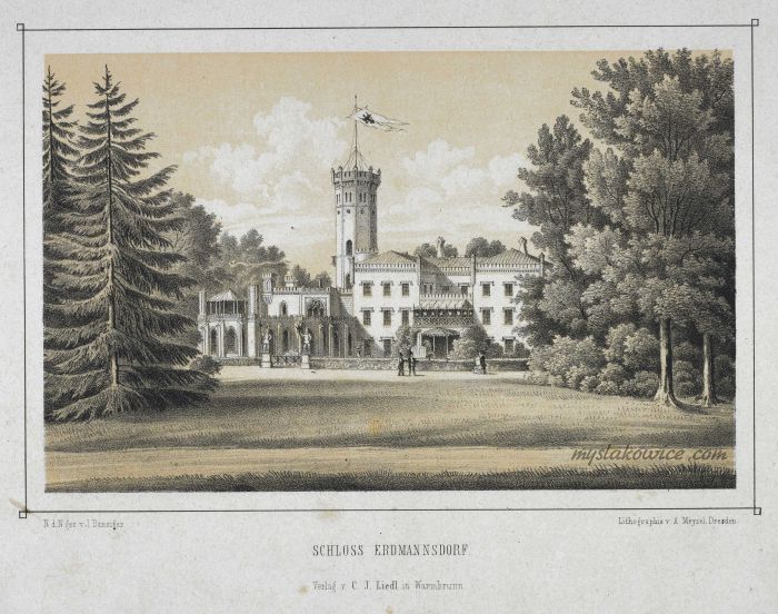 Mysłakowice (Erdmannsdorf und Zillerthal). ok 1850 rok. Rycina, Rytownik J. Danziger