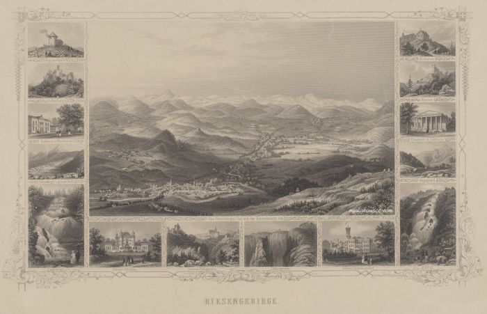 ok 1850 rok. Riesengebirge - Karkonosze. Autor, rytownik  Albert Henry Payne (1812-1902).
