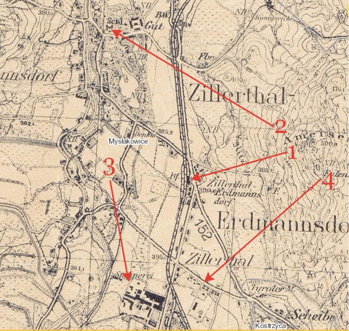 Dawna mapa Mysłakowic. (niem. Zillerthal-Erdmannsdorf). Dodaliśmy podpowiedzi :  1. Dworzec. 2. Pałac . 3. Orzeł 4.ul.Szkolna