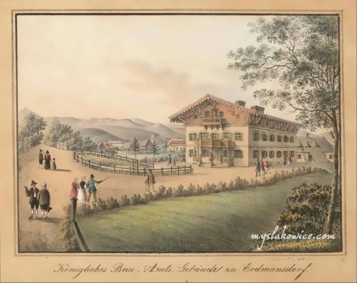 ok 1850 rok. Kr&oacute;lewski Urząd Budowlany w Mysłakowicach (niem. Zillerthal-Erdmannsdorf, Erdmannsdorf). Obecnie ul.1 Maja 1