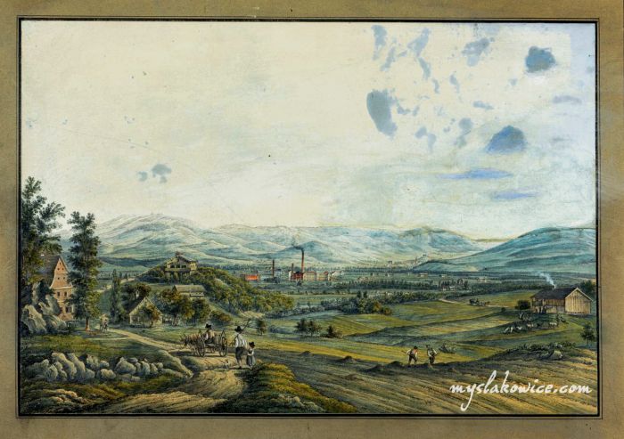 Panorama Kotliny Jeleniog&oacute;rskiej koło Mysłakowic (niem. Zillerthal-Erdmannsdorf, Erdmannsdorf). Data wydania: około 1850.