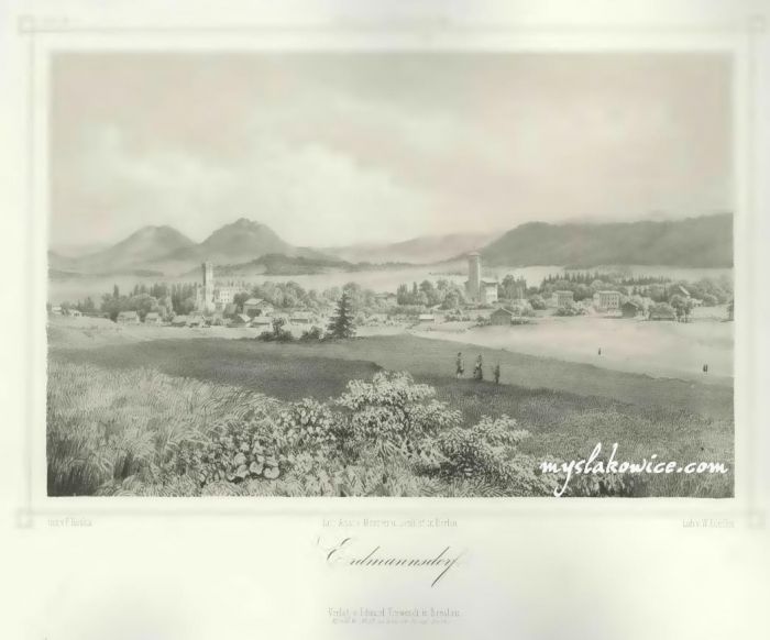 Ok 1850 rok. Widok na Mysłakowice (niem. Zillerthal-Erdmannsdorf, Erdmannsdorf). Autor: Ferdinand Koska, (1808&ndash;1862)
