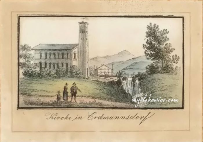 Kości&oacute;l w Mysłakowicach (niem. Zillerthal-Erdmannsdorf, Erdmannsdorf). Autor Carl Theodor Mattis.