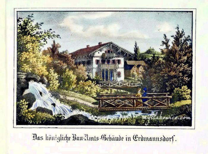 Urząd Budowlany w Mysłakowicach (niem. Zillerthal-Erdmannsdorf, Erdmannsdorf). Autor: Theodor Sachse, (1815-1891)