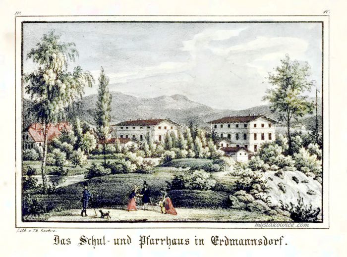 Szkoła i plebania w Mysłakowicach (niem. Zillerthal-Erdmannsdorf, Erdmannsdorf). Autor: Theodor Sachse, (1815-1891)