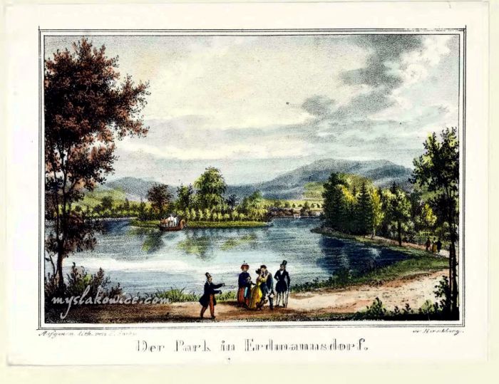 Park w Mysłakowicach (niem. Zillerthal-Erdmannsdorf, Erdmannsdorf). 1860 rok. Autor: Theodor Sachse, (1815-1891)
