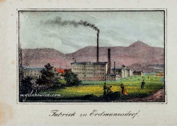 Fabryka Lniarska w Mysłakowicach (niem. Zillerthal-Erdmannsdorf, Erdmannsdorf). 1845 rok. Autor : Carl Theodor Mattis 