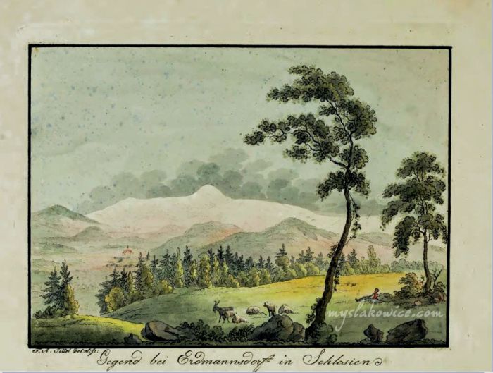 Gegend bei Erdmannsdorf in Schlesien czyli okolice Mysłakowic. 1810 rok. Autor : Friedrich August Tittel